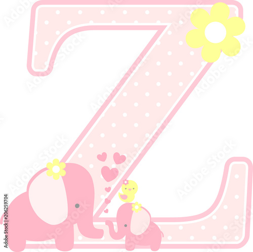initial z with cute elephant and little baby elephant isolated on white. can be used for mother's day card, baby girl birth announcements, nursery decoration, party theme or birthday invitation