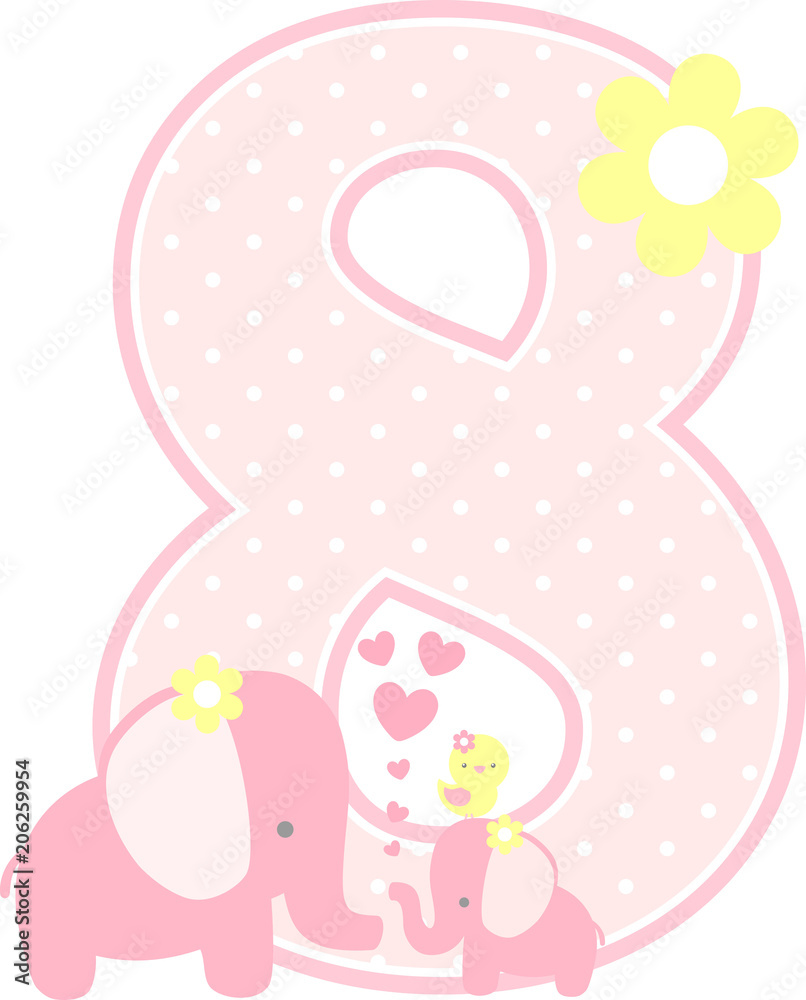 number 8 with cute elephant and little baby elephant isolated on white. can be used for mother's day card, baby girl birth announcements, nursery decoration, party theme or birthday invitation