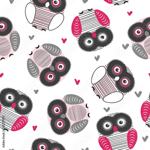 Tapety Wzór ładny sowy w kolorach różowym i czarnym. Ilustracja wektorowa dziecinna. Nadruk dla niemowląt.
