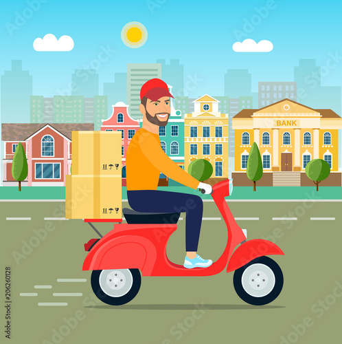 Man with beard riding retro scooter on the street. Fast  delivery. Vector flat illustration