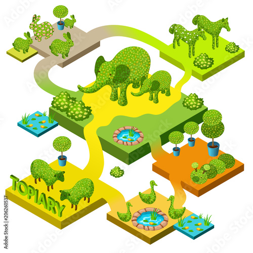 Banner topiary isometric with forms of animals. Icons of many storey with elements garden.