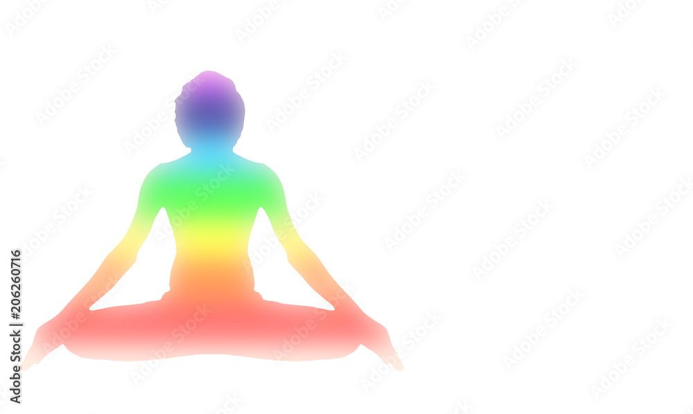 Yoga Meditation Pose with seven Energy Aura chakra isolated on white with gradient illustration red orange yellow green blue purple deep indigo white color space Yoga Meditation Pose with seven Energy Aura chakra isolated on white with gradient illustration red orange yellow green blue purple deep indigo white color space