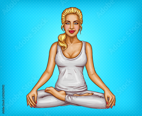Vector pop art smiling blonde girl doing yoga, sitting in a lotus pose or padmasana, isolated on blue dotted background. Young sexy woman training her body, healthy lifestyle concept illustration