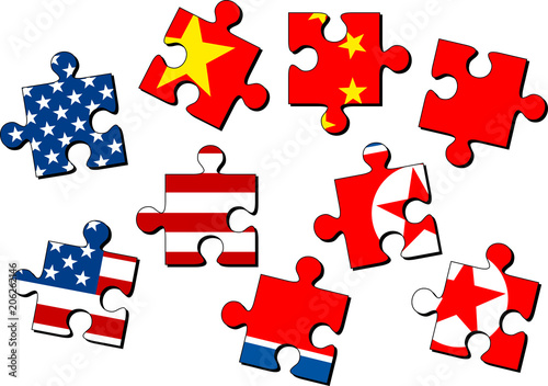 USA, China and North Korea as jig saw puzzle pieces with flags of the United States of America, China and North Korea isolated on white background. Vector illustration