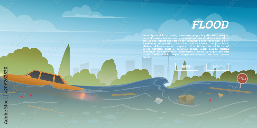 Flood or natural disaster in city concept. Floating garbage and car during deluge in high water, overflow and big waves. Time of evacuation during cataclysm. Landscape Background for poster or card.