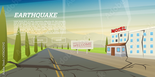 Realistic earthquake with ground crevice and ruined house with crack. Natural disaster or cataclysm, catastrophe and crisis. Earth fault. Landscape Background for poster or card. Vector illustration.