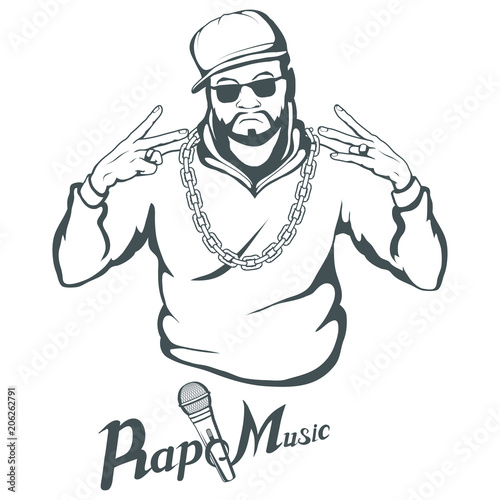 Rap music logo. Rapper skull on white background. Lettering with a microphone. Vector graphics to design.