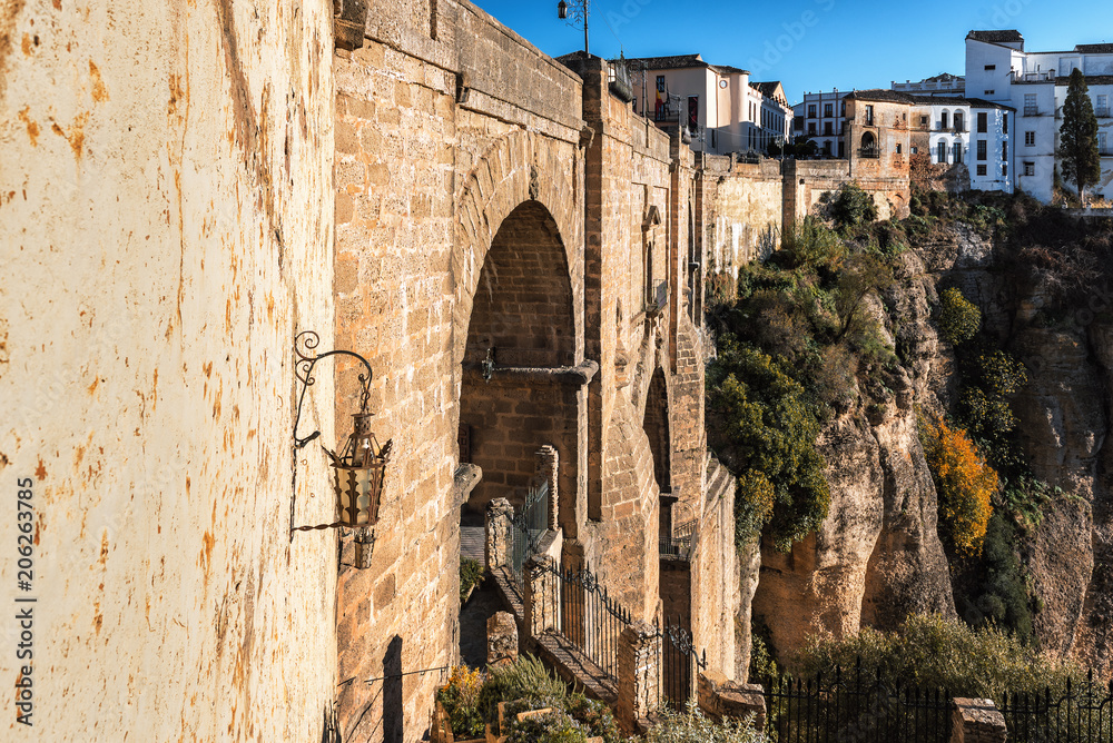 Cliffs and Puente Nuevo bridge in Ronda, one of the famous villages in Andalusia, Spain