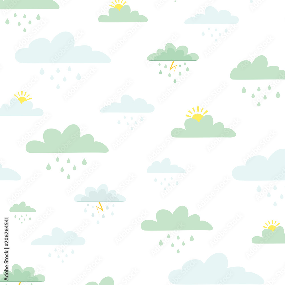 Clouds, rain and sun vector pattern