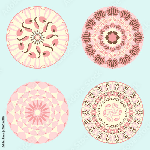 Vector set of from four circular patterns from abstract shapes and decorative flowers