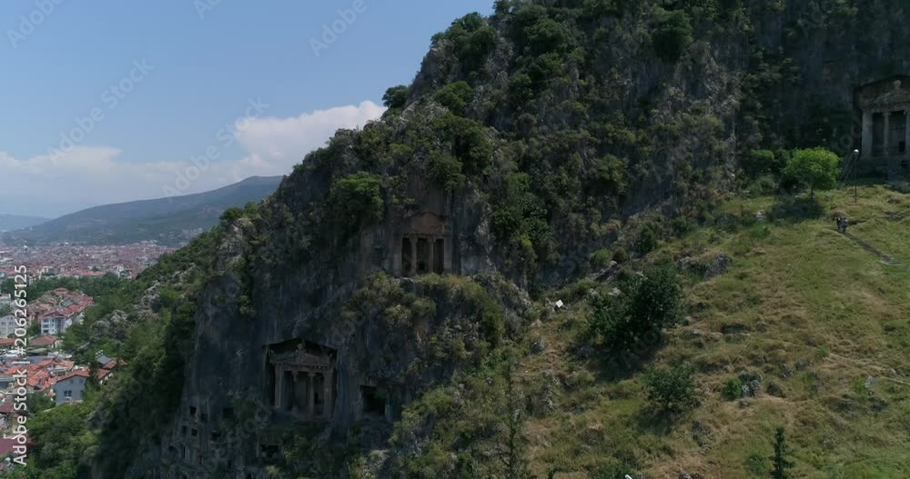 Aerial. Ancient Lycian rock-cut tombs, Fethiye, Turkey. 4K. Aerial. Ancient Lycian rock-cut tombs, Fethiye, Turkey. 4K.