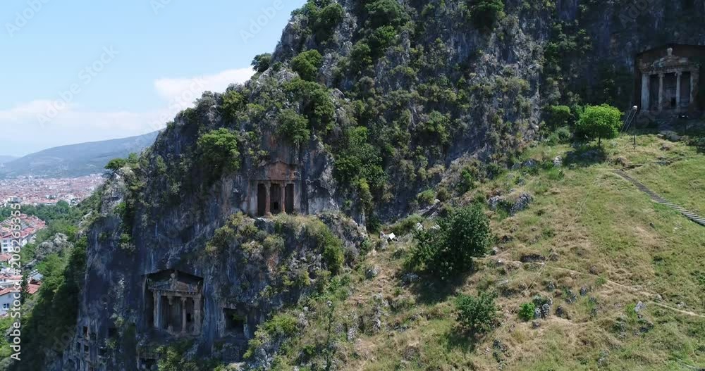Aerial. Ancient Lycian rock-cut tombs, Fethiye, Turkey. 4K. Aerial. Ancient Lycian rock-cut tombs, Fethiye, Turkey. 4K.