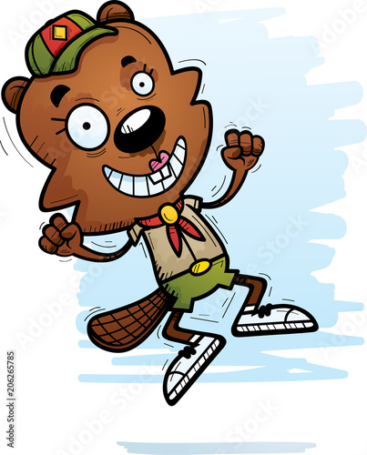 Cartoon Female Beaver Scout Jumping