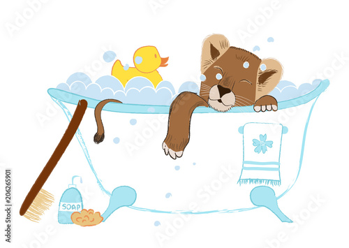 Hand drawn vector illustration with a cute baby lion celebrating new birth - isolated on white background