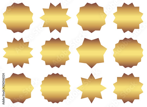 Set of vector gold starburst symbols. Sunburst empty labels or stickers for advertising, shop sales tags and promotions