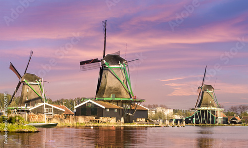 Sunset ar historic windmills of Zaanse Schans at Amsterdam,  Netherlands