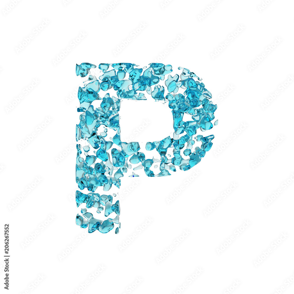 Alphabet letter P uppercase. Liquid font made of blue water drops. 3D render isolated on white background. Alphabet letter P uppercase. Liquid font made of blue water drops. 3D render isolated on white background.