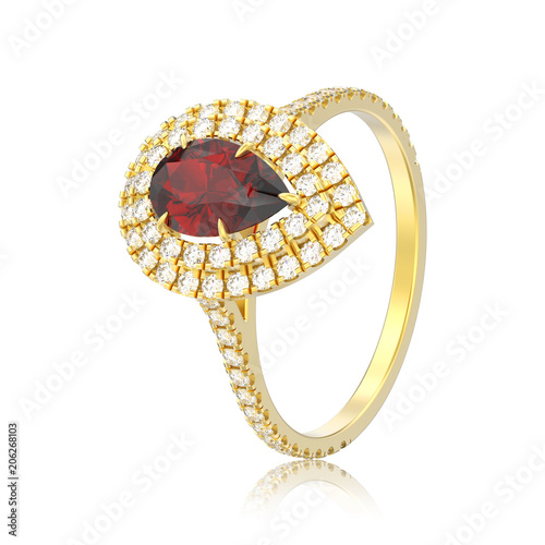 3D illustration isolated gold decorative pear red ruby diamond ring with reflection