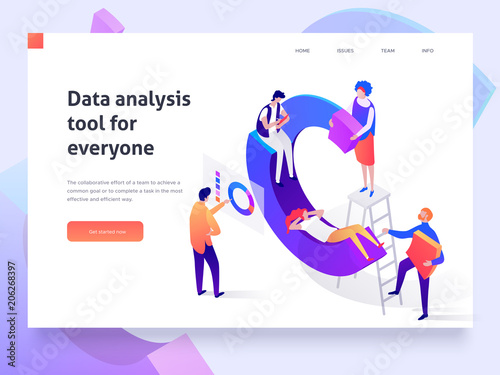 People in a team build a pay chart and interact with graphs. Data analysis, and office situations. Landing page template. 3d isometric illustration