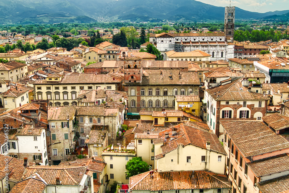 Aerial view of walled city of Lucca (Italy)
