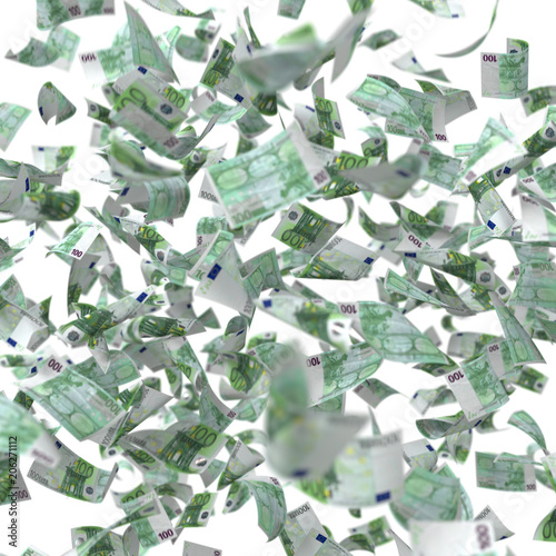 Falling Money one hundred Euro Bills, 3D rendering