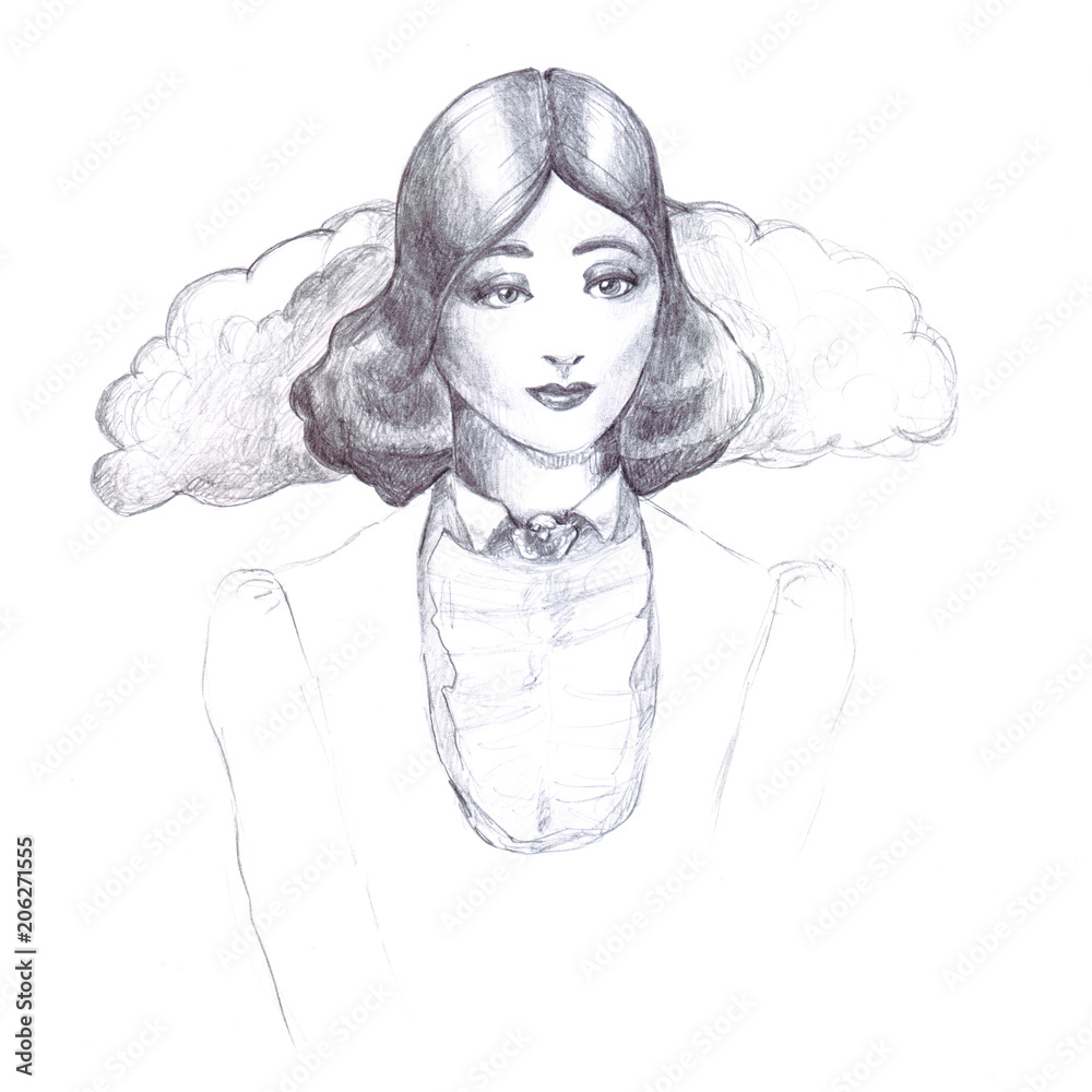 girl retro vintage pencil sketch outline old-fashioned collar flounce  jacket old hairstyle thirties on a white background line illustration  drawing Stock Illustration | Adobe Stock