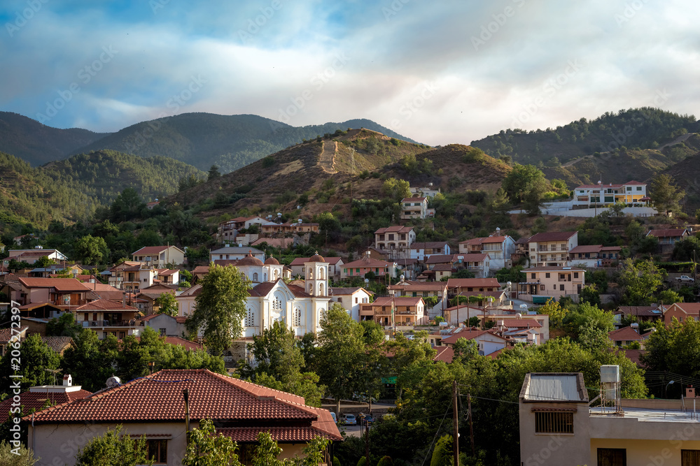 Picturesque view on Galata village with the Panagia Odigitria Church in the mioddle. Troodos mountain range. Nicosia District, Cyprus