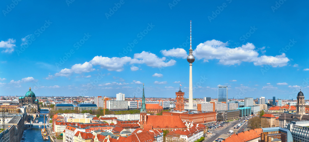 Central Berlin on a bright day in Spring, including river Spree and television tower on Alexanderplatz