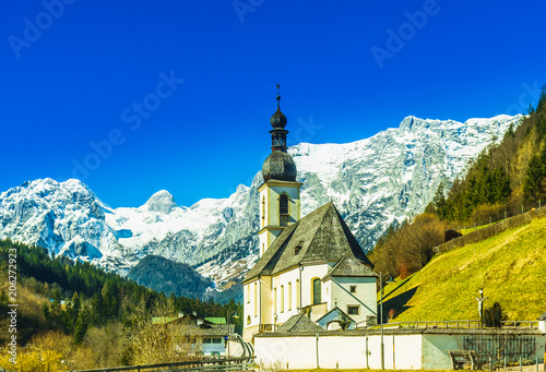 View on church St. Sebastian by village of Ramsau in the bavarian Alps