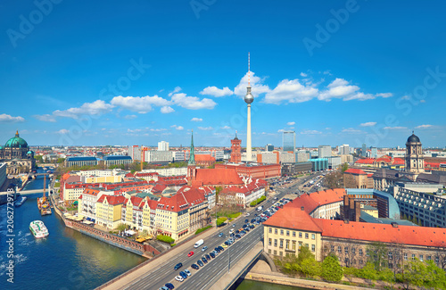 Aerial view of central Berlin on a bright day in Spring, including river Spree and television tower