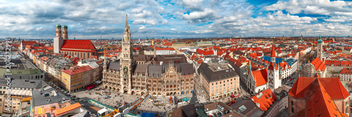 Aerial panoramic view of Frauenkirche, Marienplatz Town hall and Old Town Hall in Munich, Bavaria, Germany