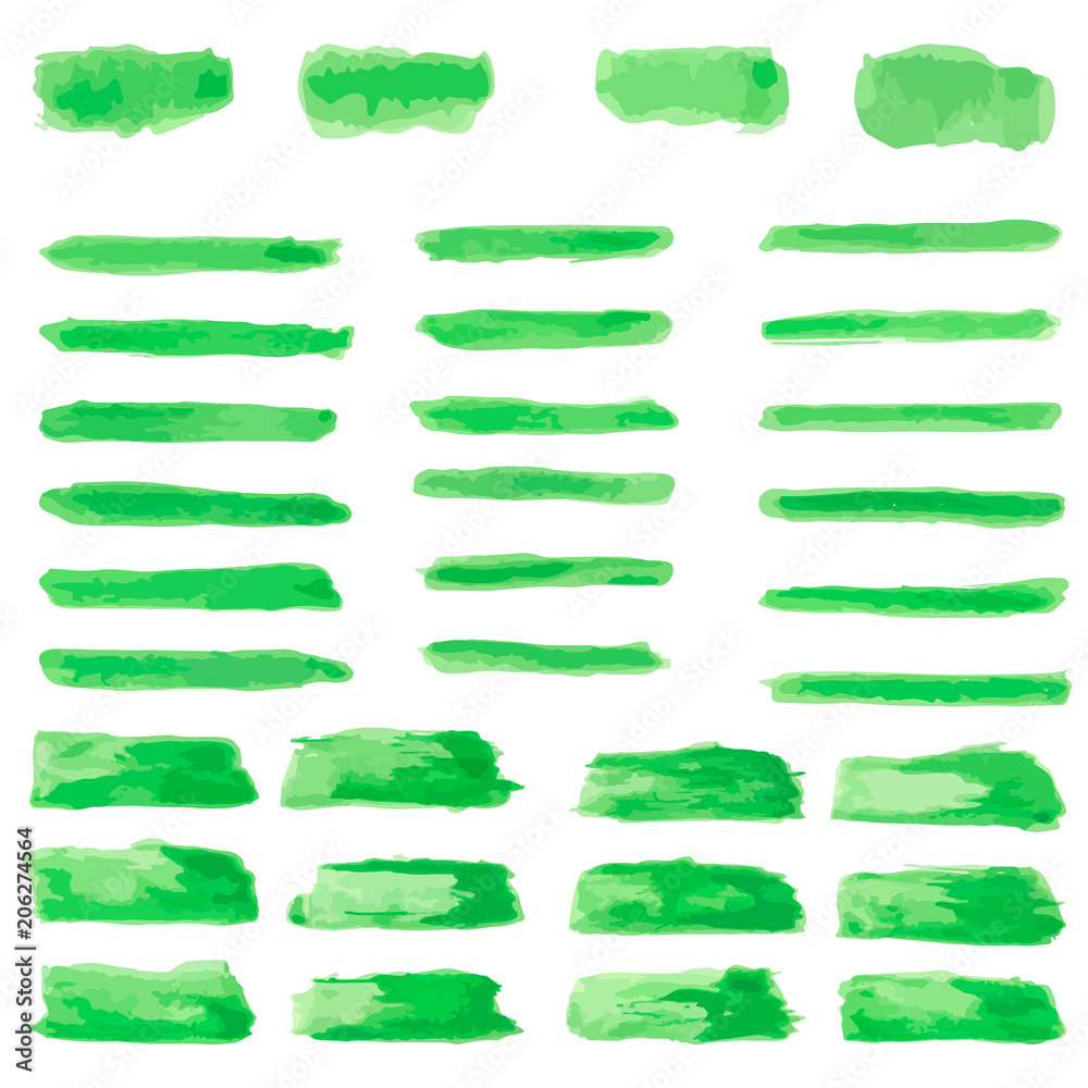 set of green paint water color brushes stroke