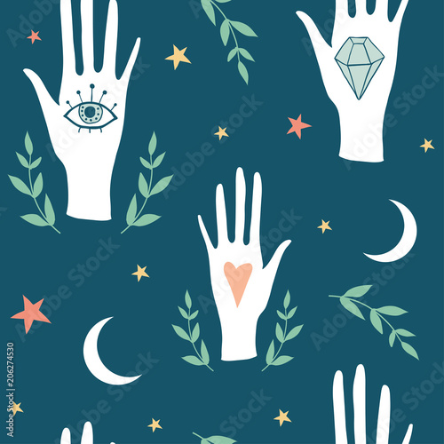 Vector witch magic seamless pattern with eyes, hands, moon and stars. Palmistry hand drawn, doodle, sketch texture