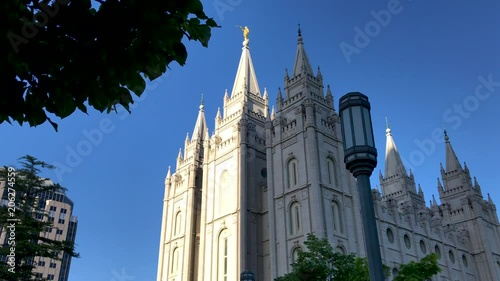 Low angle, ground up view of the Mormon temple in Salt Lake City, Utah photo