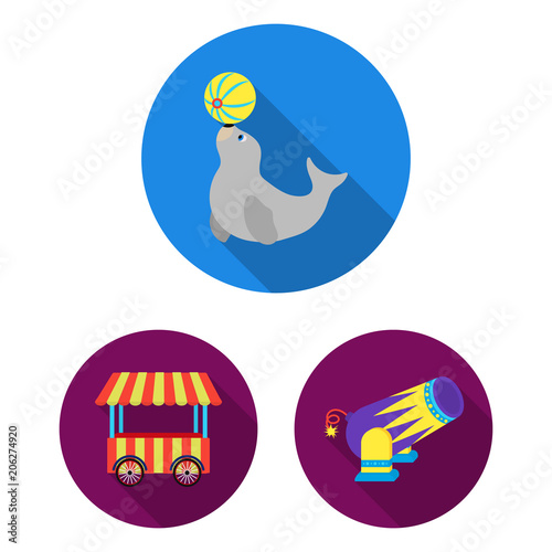 Circus and attributes flat icons in set collection for design. Circus Art vector symbol stock web illustration.