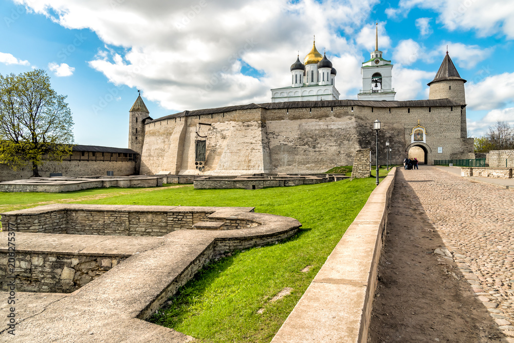 View of Holy Trinity Cathedral in the Pskov Krom or Pskov Kremlin, Russia