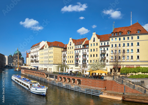 Riverside with old houses in East Center of Berlin