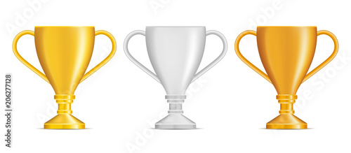 Set of bronze, silver and gold trophies isolated on white background.