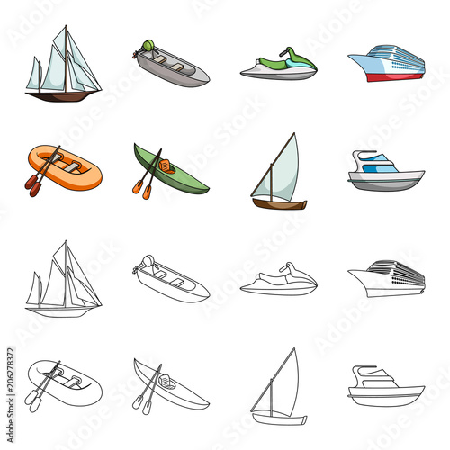 A rubber fishing boat, a kayak with oars, a fishing schooner, a motor yacht.Ships and water transport set collection icons in cartoon,outline style vector symbol stock illustration web.