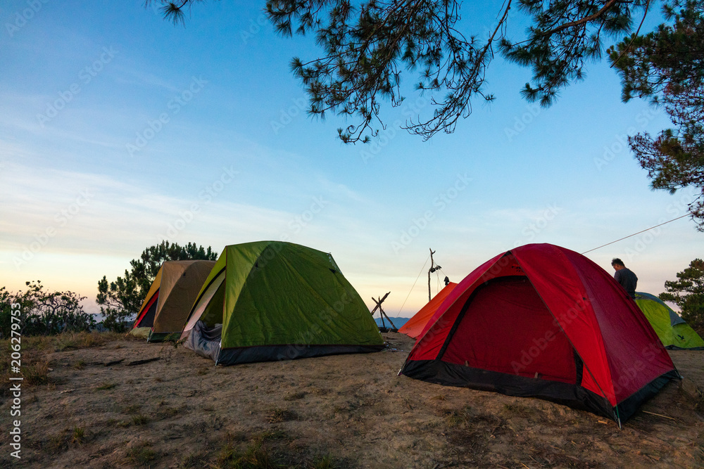 Outdoor camping vacation in the sunrise landscape. High-quality stock image of camping tent in the sunrise on mountain and forest. Adventures camping tourism and tent under pine forest