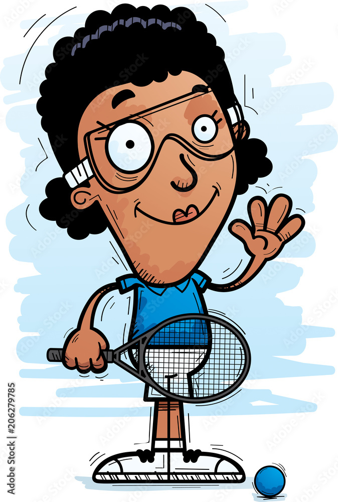 Cartoon Black Racquetball Player Waving