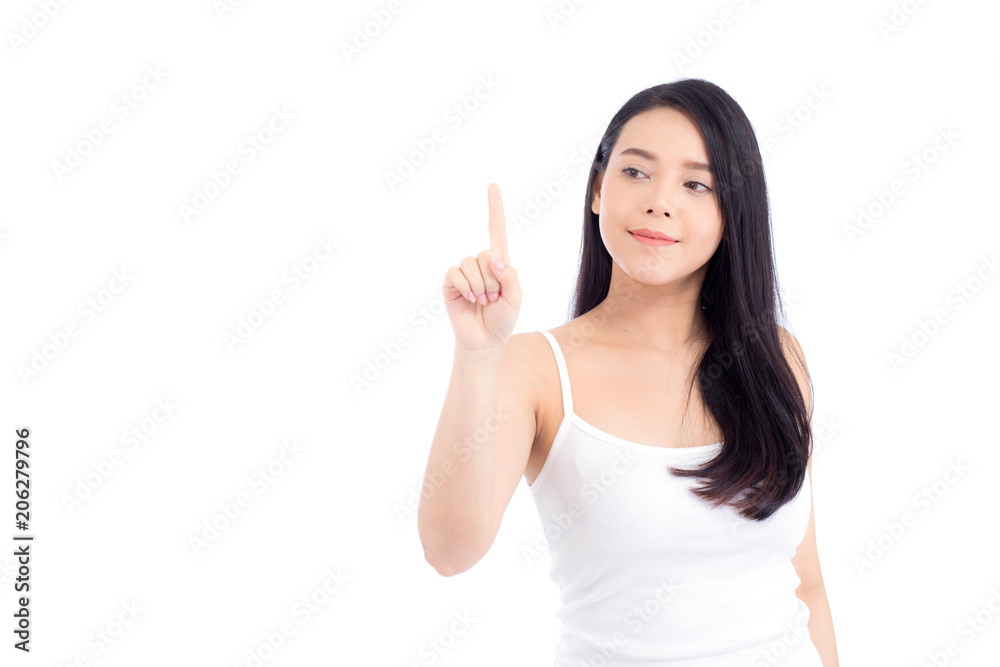 Portrait of beautiful asian woman makeup of cosmetic, beauty of girl with face smile and finger point something attractive isolated on white background, perfect with wellness and healthcare concept. Portrait of beautiful asian woman makeup of cosmetic, beauty of girl with face smile and finger point something attractive isolated on white background, perfect with wellness and healthcare concept.