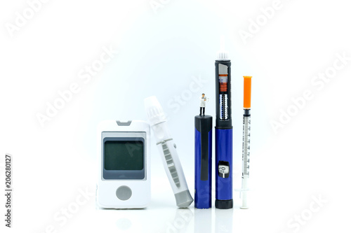 Miniature people : Doctor and Patient with Insulin pen ,Diabetes equipment ,glucose level blood test,Diabetes concept