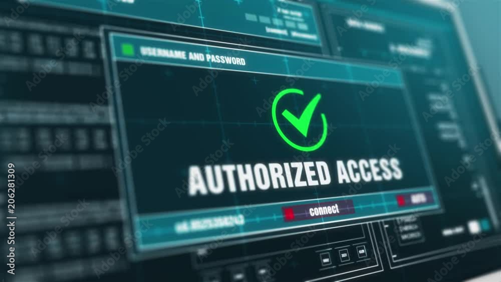 Access Authorized Alert Message on Screen , Computer Screen Entering System Login And Password Logging into Showing progress granted System Security Warning  Message .