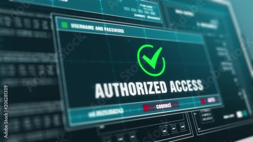 Access Authorized Alert Message on Screen , Computer Screen Entering System Login And Password Logging into Showing progress granted System Security Warning  Message .