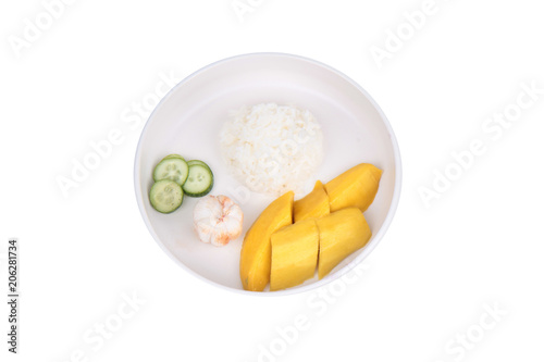 Thai treaditional food, Jasmine rice with vegetables and fruits as mangosteen, mango and cucumber. photo