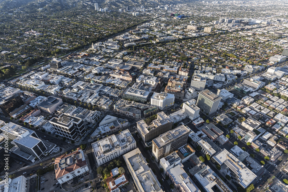 Aerial view of Wilshire Bl and Rodeo Dr business district in downtown Beverly Hills near West Hollywood and Los Angeles, California.  