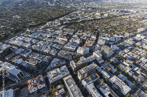 Aerial view of Wilshire Bl and Rodeo Dr business district in downtown Beverly Hills near West Hollywood and Los Angeles, California.  