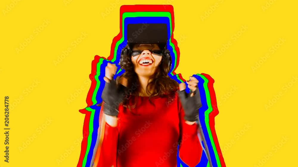 A girl wearing a virtual reality headset and wired gloves, part of the audience at a music show, on a yellow background. RGB outline surrounding her shape.
