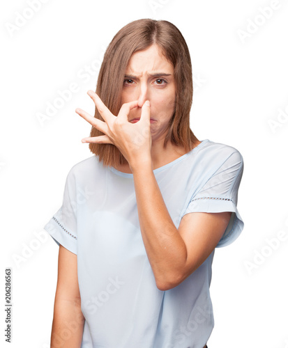 young pretty woman bad smell sign